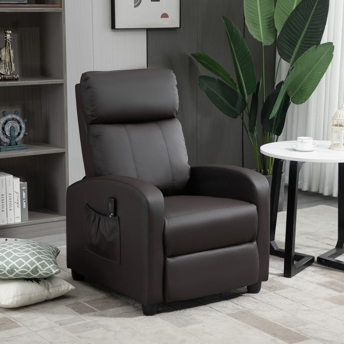 Recliner Armchair, Massage Faux Leather Push Back Reclining Chair With Adjustable Leg Rest, Side Pocket, For Home Living Room Theatre, Brown