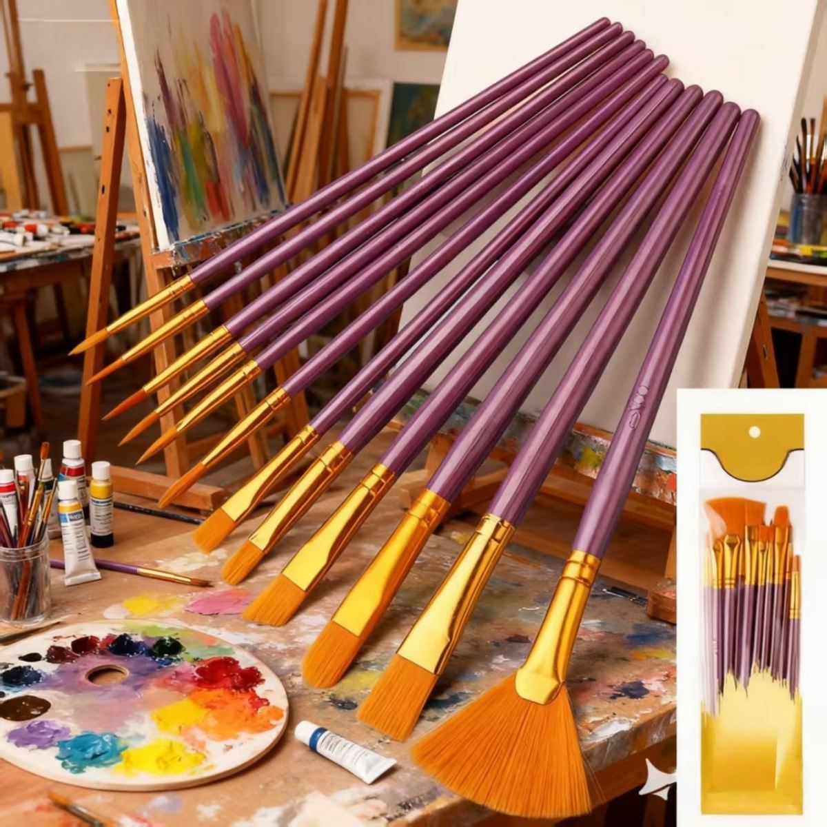Nylon-hair Gouache And Oil Painting Brush Set With Plastic Handles
