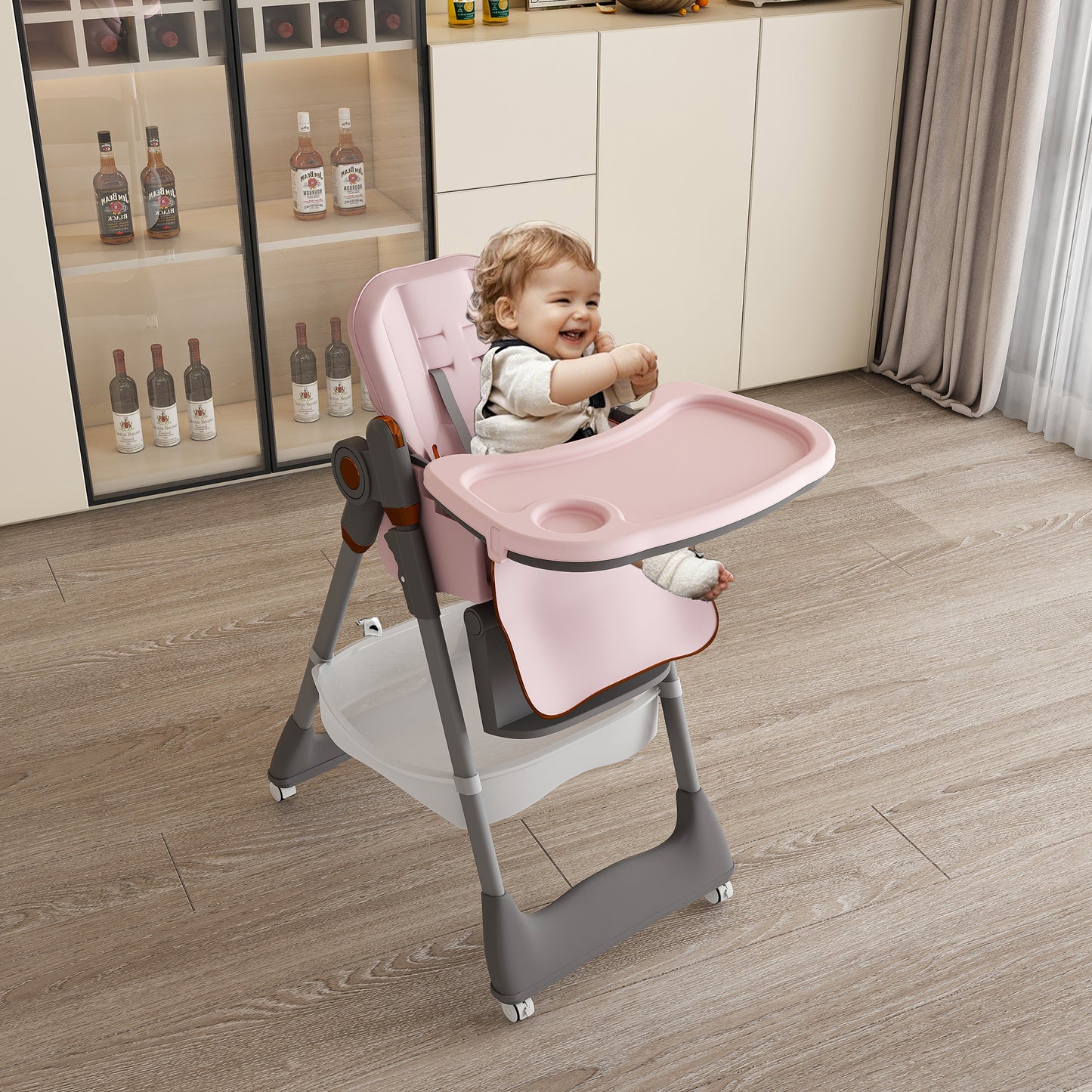 Adjustable Baby High Chair 0-6 Years - Portable Infant Feeding Seat With Safety Belt, Silent Lockable Wheels & Easy-Clean Design For Home, Dining, Living Room, Bedroom