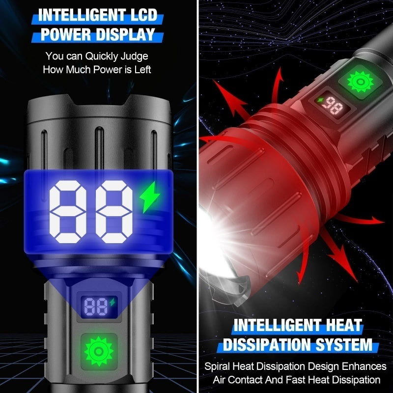 Rechargeable Ultra Bright Flashlight 3000mAh Lasting IP67 Waterproof Smart Digital Display For Camping
