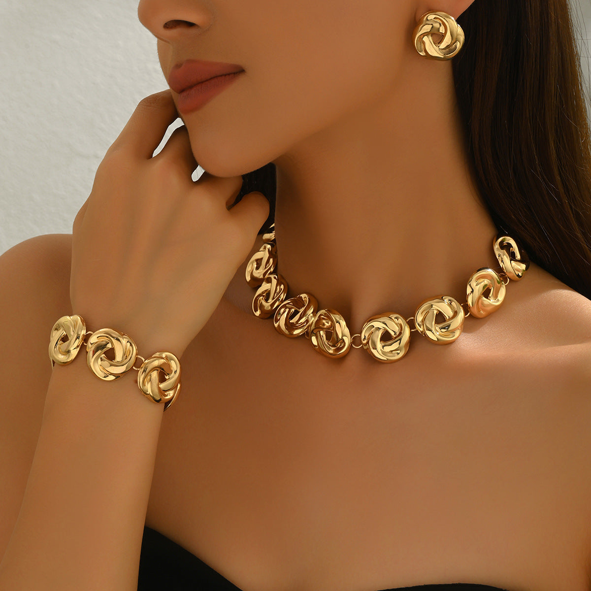 European American Cross-border Women Jewelry Set, Versatile Hollow Twisted Pendant Necklace, Matching Bracelet & Drop Earrings, Daily Fashion Accessories For Ladies