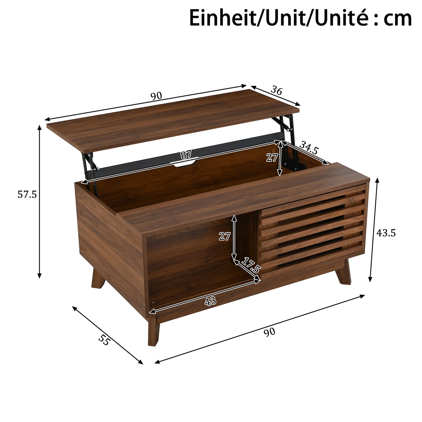 Modern Retro Coffee Table, Height-adjustable Table Top, Sliding Blind Door, Walnut Look, MDF Body, Multifunctional Living Room Table