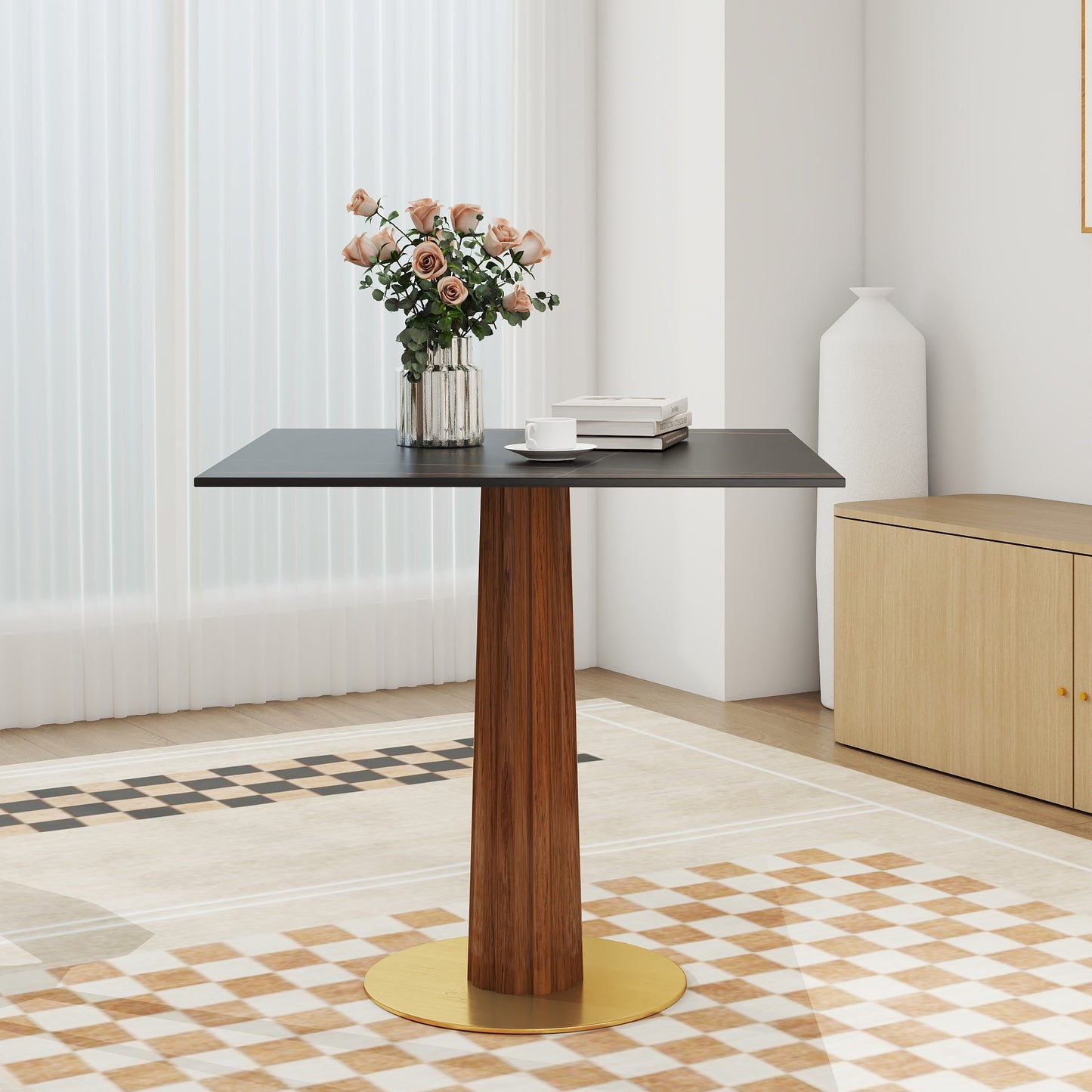Modern Square Dining Table, 33.5  Sintered Stone Table With Wooden Leg & Gold Base, 2 - Person Kitchen Table For Small Space, 150lbs Weight Capacity Only The Negotiation Table