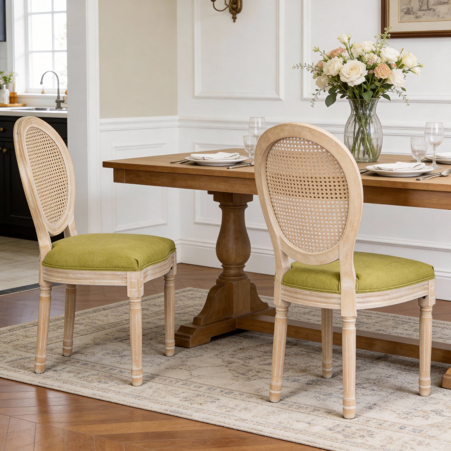 French Country Dining Chairs Set Of 2, Upholstered  Chairs With Nature Rattan Round Back, For Living Room, Kitchen , Restaurant Use, Green