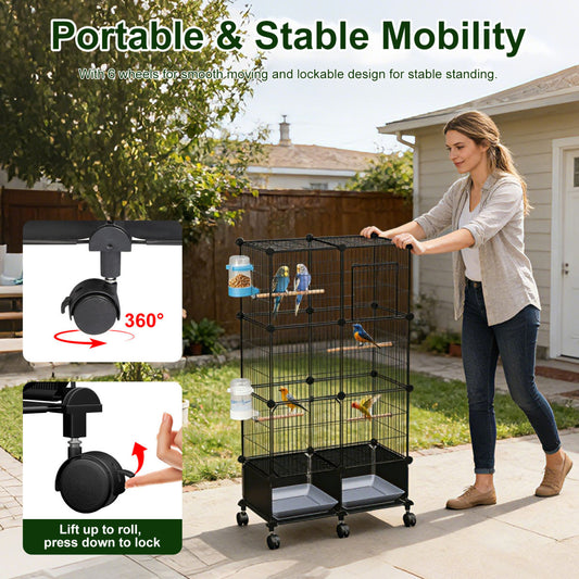 1Pc  46in Bird Cage Spacious Indoor Pet Bird House With 4 Wooden Perches 2 Slide-Out Tray 2 Water Bottle Feeder Lockable Wheels For Parrot Parakeets Cockatiel Lovebird Small Mid-Sized Birds