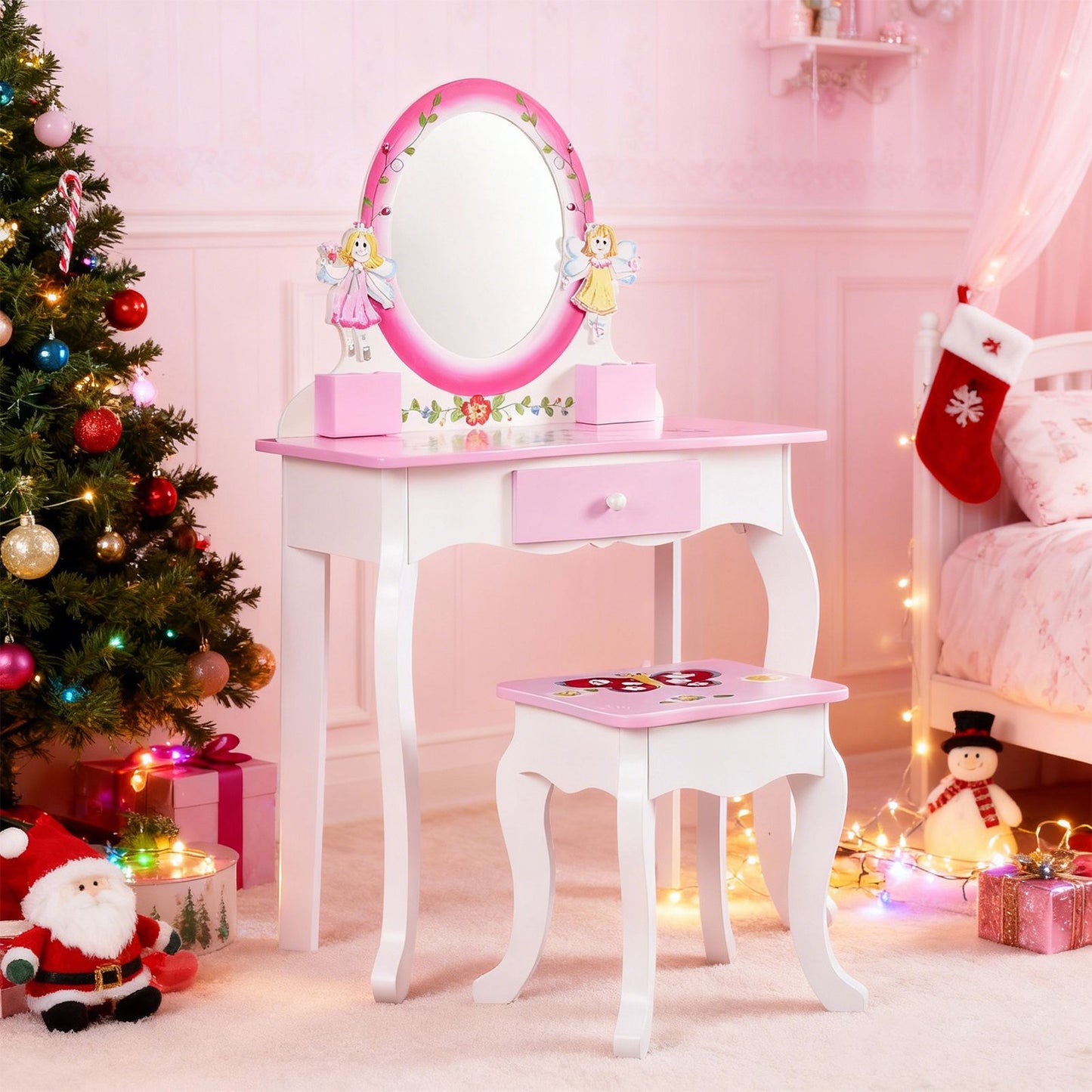 Kids Vanity Set Floral Printed Wooden Makeup Dressing Princess Table With Mirror And Stool For Role Playing Pink