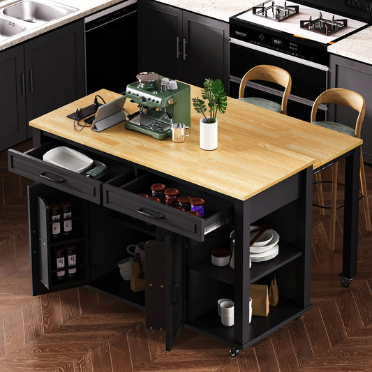 K&K 47 Inch Kitchen Island With Extendable Dining Table, Rubber Wood Veneer Kitchen Table With Internal Storage Rack, Power Outlet, Kitchen Island With Storage 2 Drawers 2 Cabinet, Black