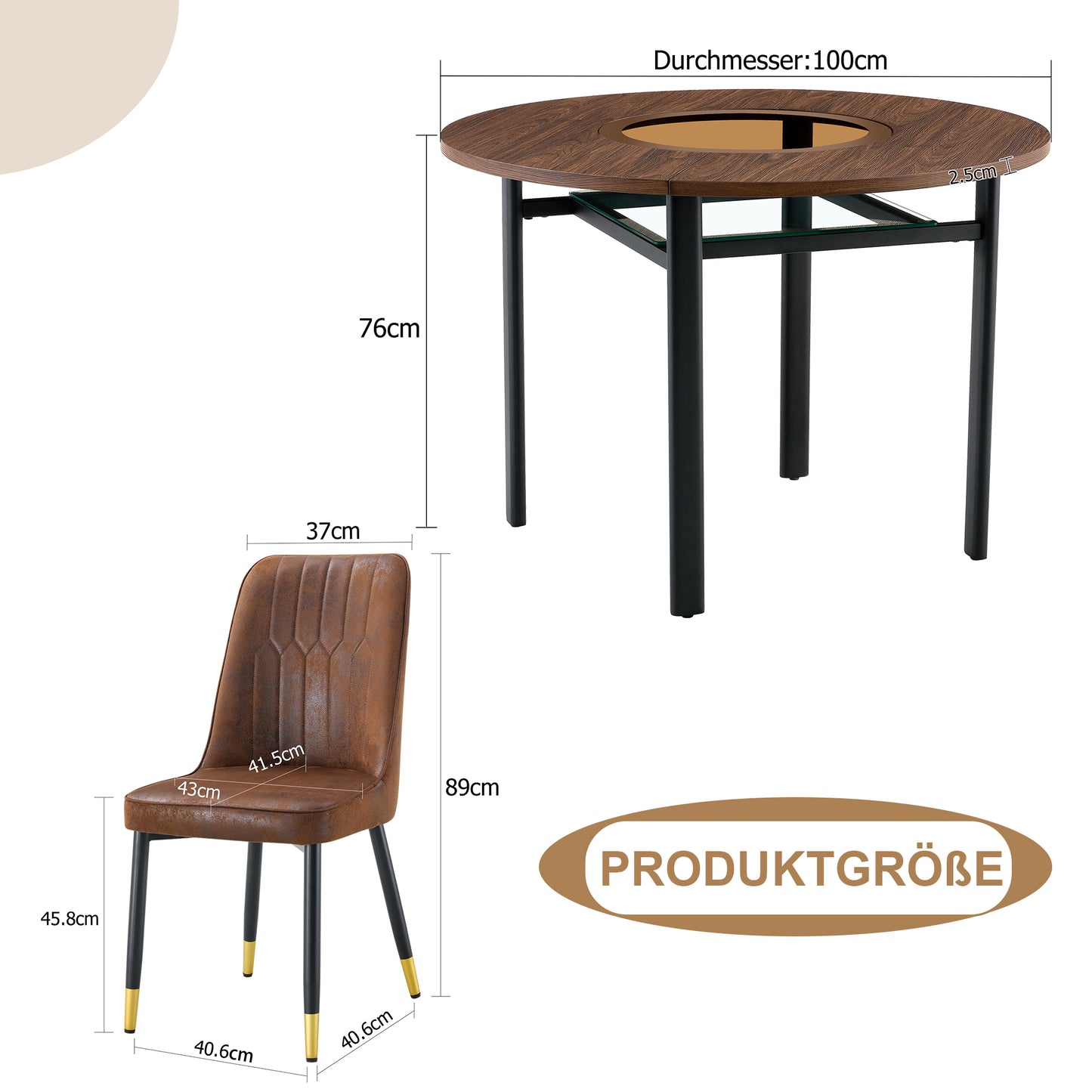 Modern Minimalist Round Dining Table Set  With 2 Brown Tech Fabric Armchairs With Black Metal Legs , Round Table With 100 Cm Diameter In Wood Look, Suitable For Dining Room And Kitchen.