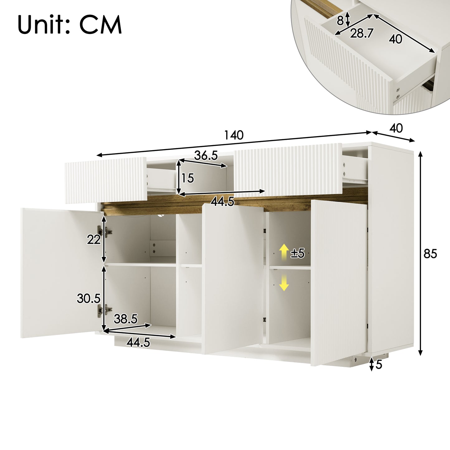 Sideboard White With LED 140x40x85 Cm, Chest Of Drawers With 2 Drawers And 3 Doors, Cabinet With Adjustable Shelves, Modern Living Room Cabinet Hallway Kitchen Cabinet