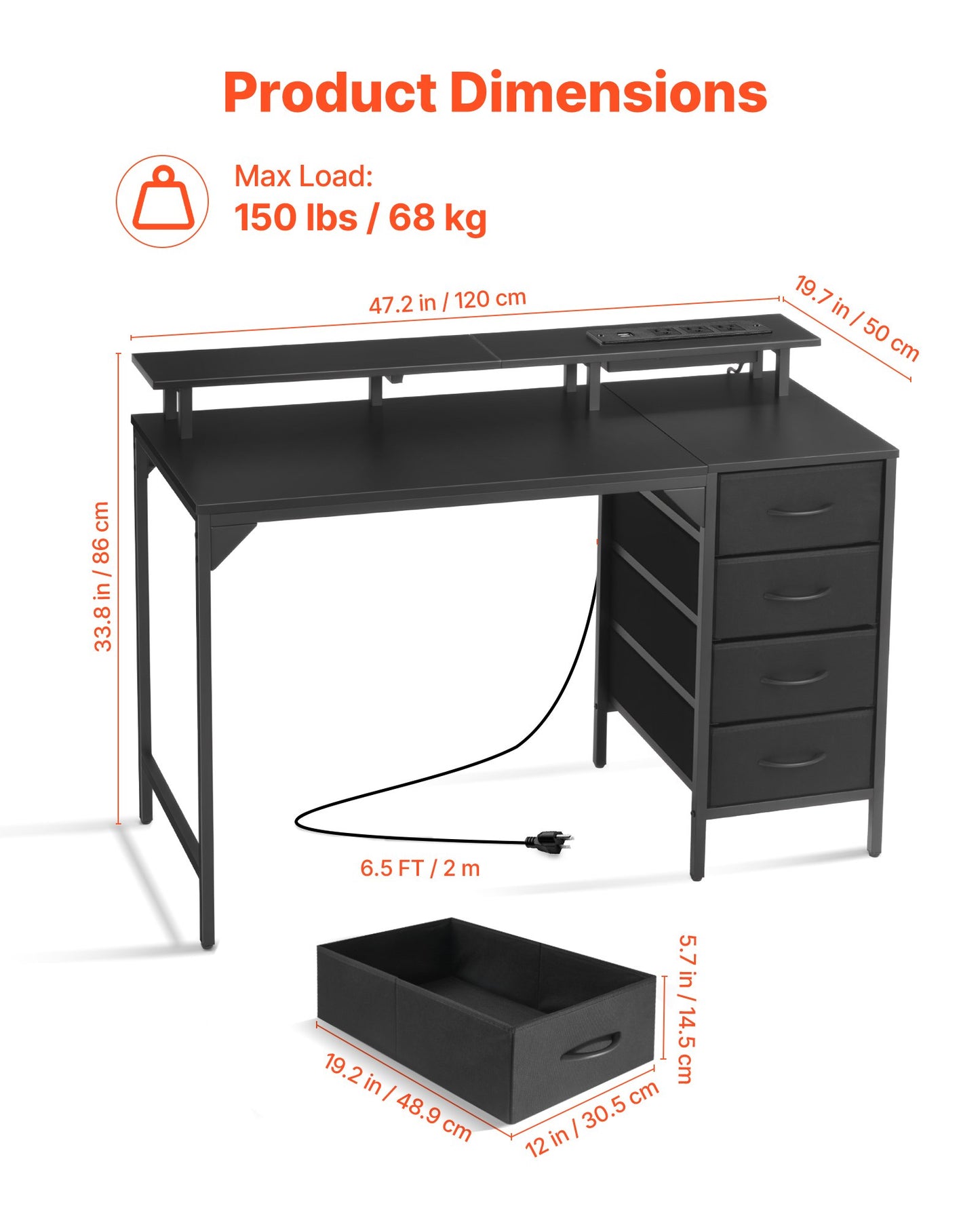 47" Computer Desk With LED Lights & Power Outlets, Gaming Table With 4 Large Drawers, Office Desk With Monitor Stand, Study Work Home Office, Small Spaces, Black
