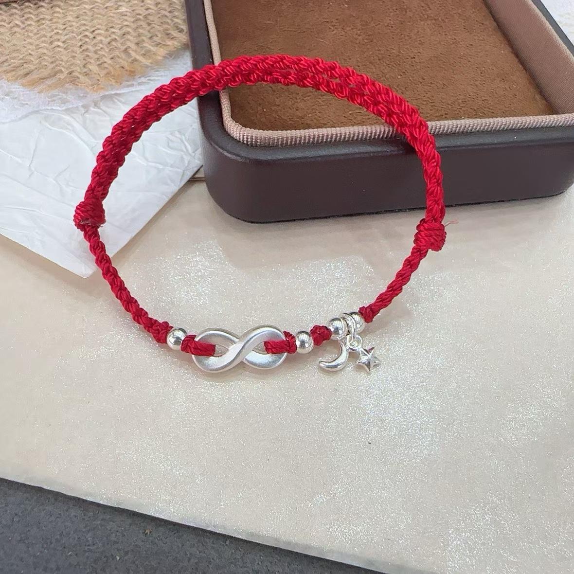 1pcs 999 Sterling Silver Infinity Star Moon Charm Double Red Rope Braided Bracelet, Elegant Chinese Style, For Daily Date Wear & Girlfriend Valentine Lucky Gifts