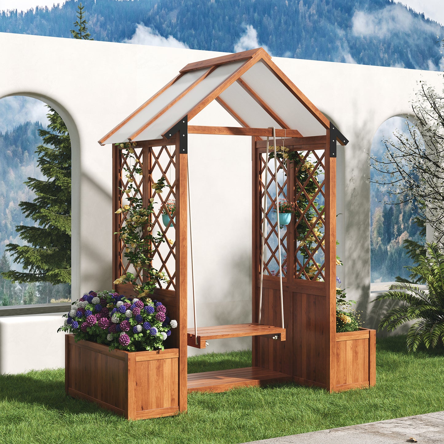 Planter, Outdoor Swing, Planter With Trellis As A Climbing Aid, With Polycarbonate Sun Canopy. Planter Planter, Brown Solid Wood, Suitable For Garden, Yard And Patio