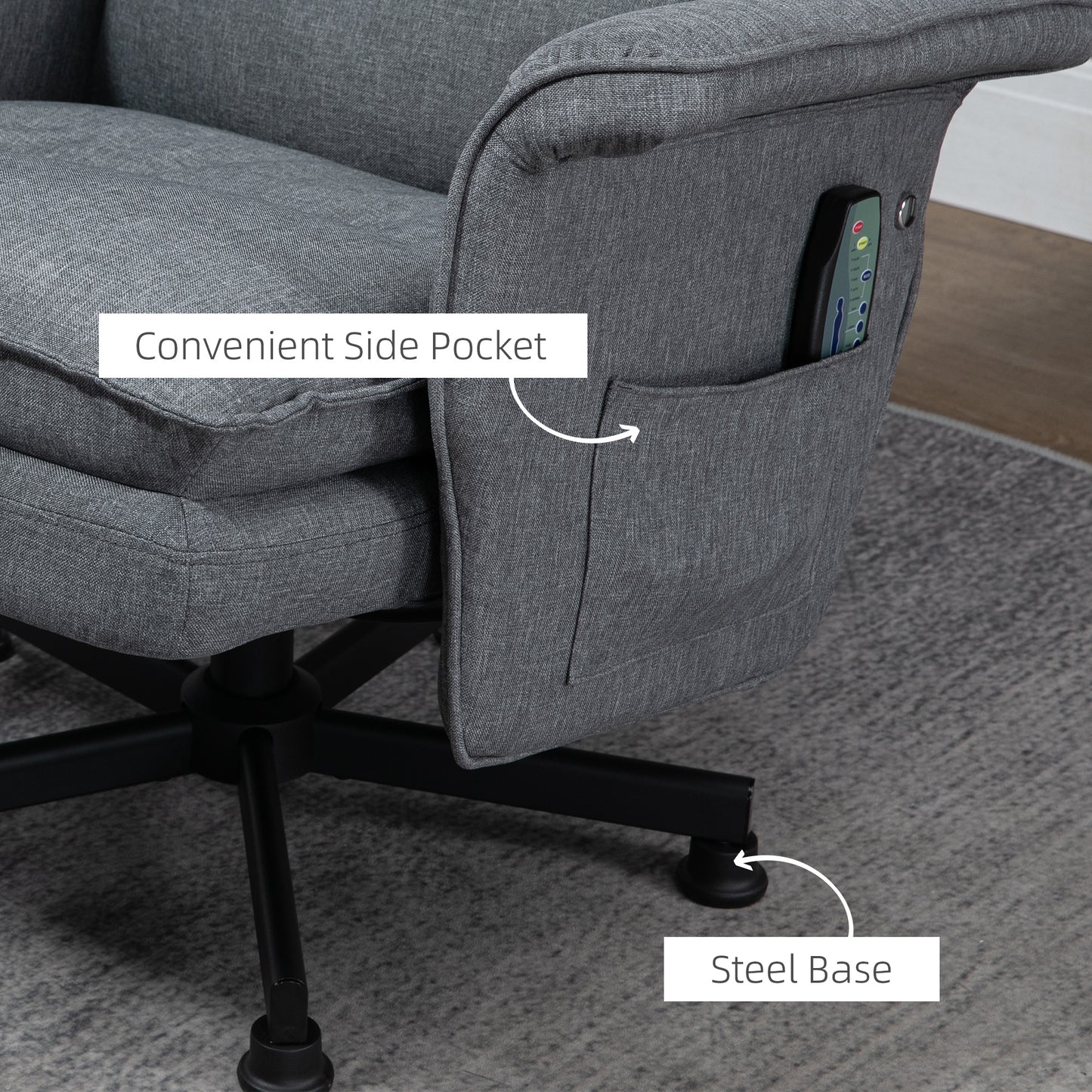 Swivel Recliner Chair And Footstool, Upholstered Massage Recliner Armchair With Remote Control, Timer And Steel Base, Grey