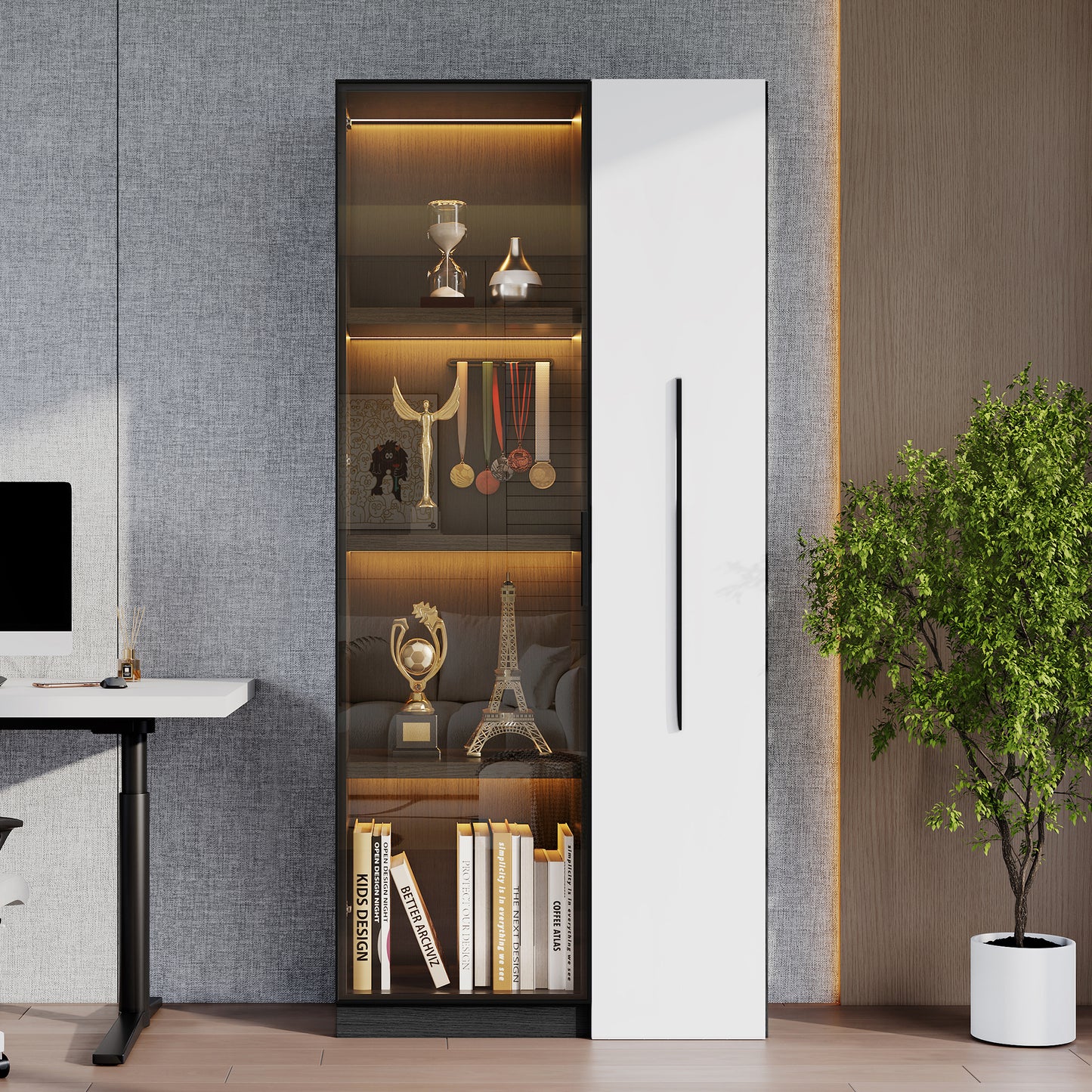 Multifunctional Cabinet 160 Cm High  Bookcase And Display Cabinet With Tempered Glass Doors, Aluminium Door Frame, 1 Door, 1 Side Drawer, With Castors And LED Lighting  Display Case, Dining Room