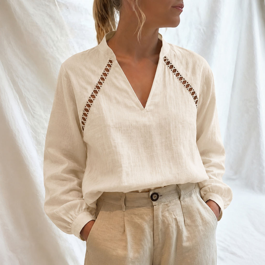 French-style V-neck Cotton-linen Blouse For Work And The Office
