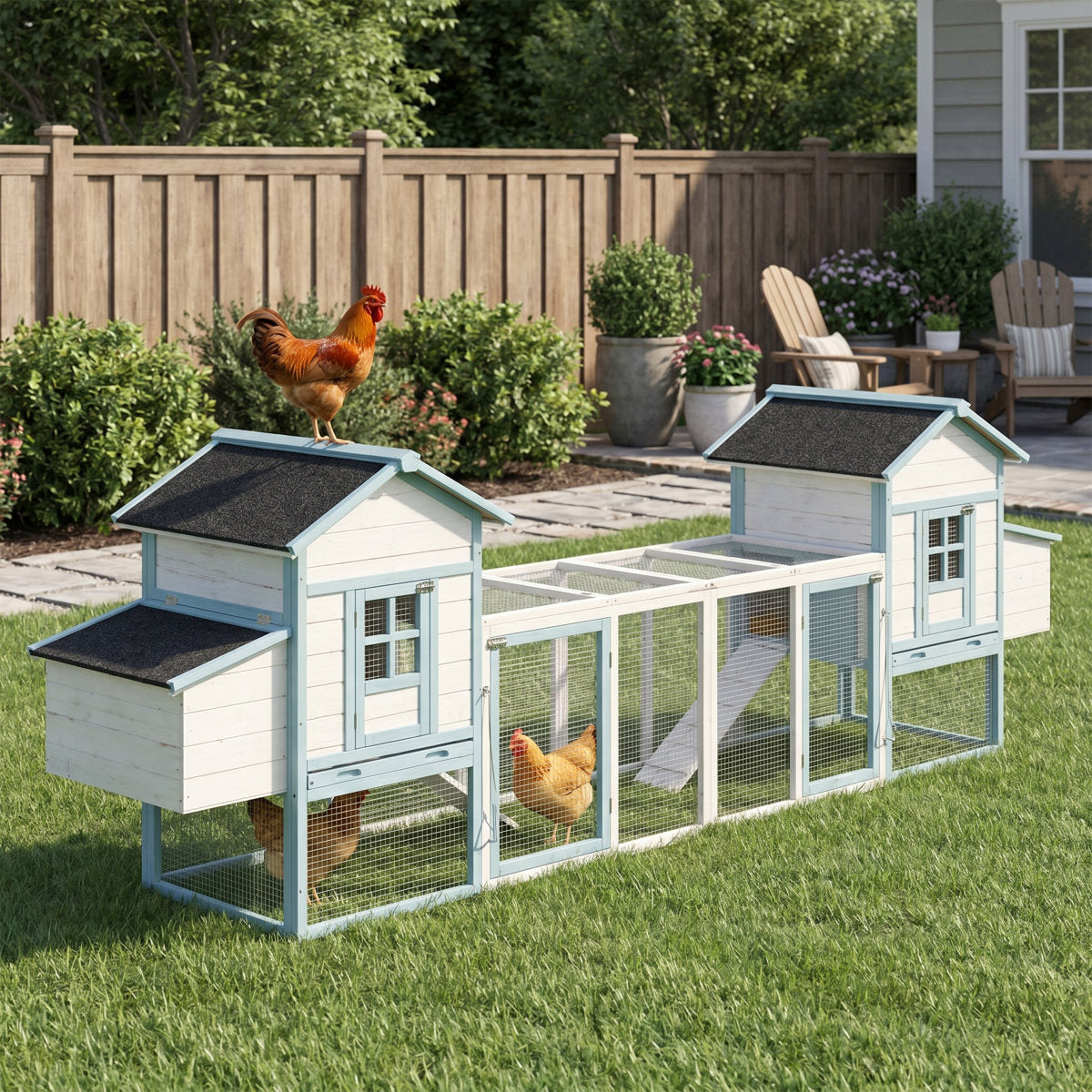 Large Wooden Chicken Coop with Double Nesting Boxes, Outdoor Walk-In Chicken Run with Waterproof Asphalt Roof, Fir Wood Poultry Cage with Pull-Out Dropping Trays, Blue & White Backyard Hen House