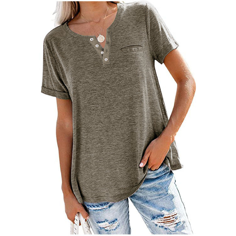 Women's Henley Neck Button Detail Curved Hem Pocket Decor Casual Short Sleeve T-Shirt