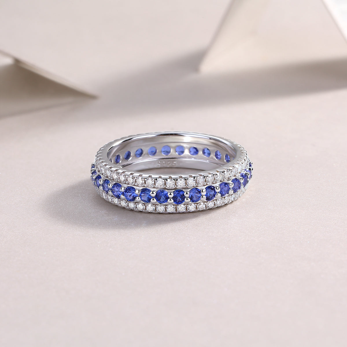 3.6g S925 Sterling Silver 3 Row Eternity Ring  Synthetic Blue Sapphire & White Stones Band, Platinum Plated Promise Ring For Women, Jewelry Gift Box Set