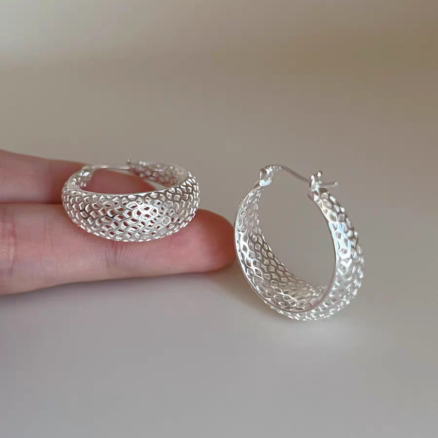 1 Pair 999 Sterling Silver Hammered Wide Hoop Earrings, Minimalist Style, Perfect For Daily Wear And Valentine's Gift