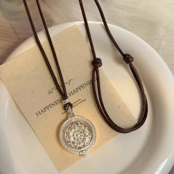 1pc 999 Sterling Silver Rotatable Eight Treasures Compass Leather Cord Necklace, Retro Chinese Style, Perfect For Daily Wear & Valentine's Gifts