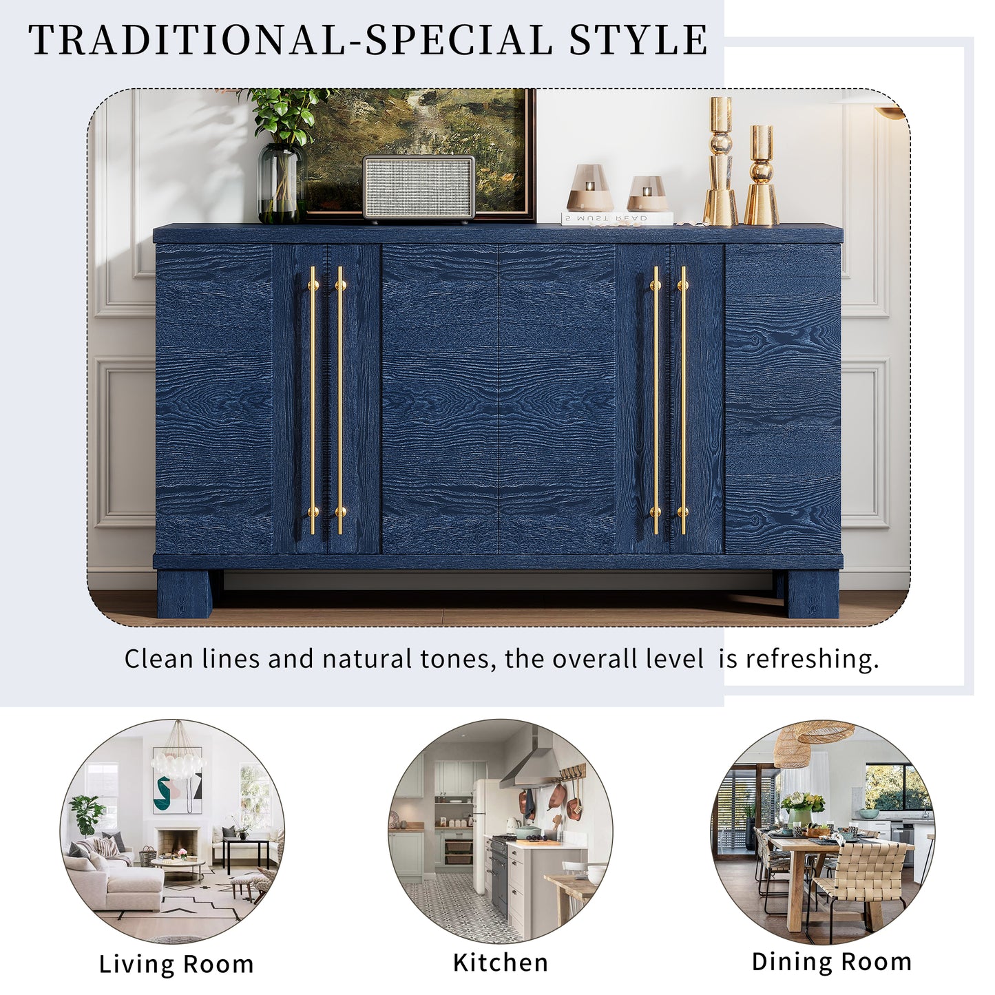 TREXM Sideboard Buffet Cabinet With Storage  Wood Sideboard With Adjustable Shelves And Gold Handles For Kitchen  Dining Room And Living Room  Antique Navy