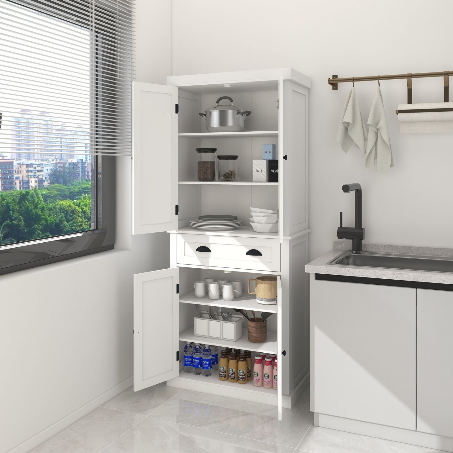 71 Kitchen Pantry Storage Cabinet , With 4 Doors, Drawer, 2 Adjustable Shelves, Freestanding Cupboard For Dining Room Living Room, Laundry-White