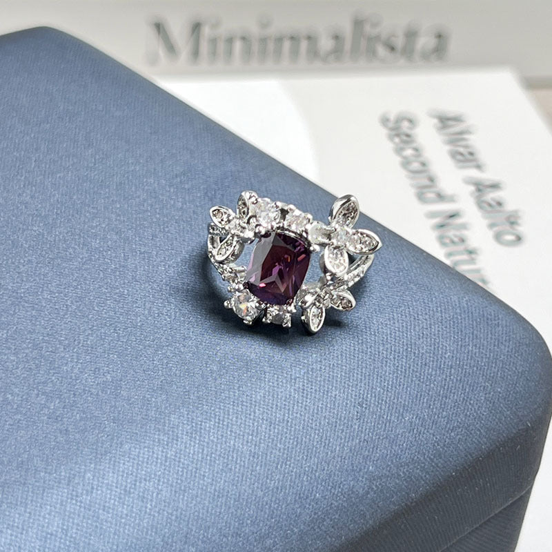 High Grade Light Luxury Nine Purple Fire Purple Stone Open Band Ring, Sweet Cool Stylish Niche Designer Women Ring, Ideal Jewelry Gift For Dating Daily Casual Occasions