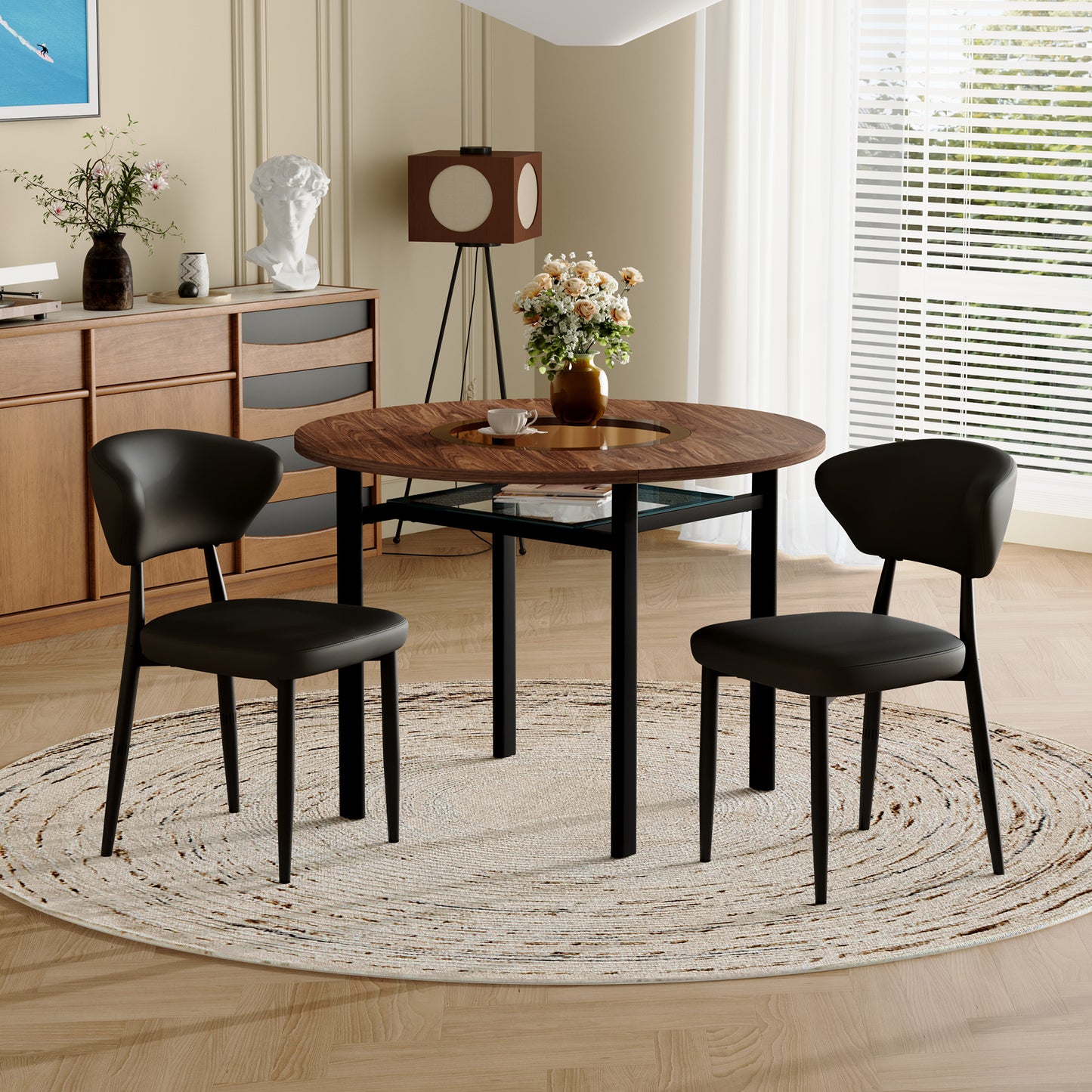 Modern Minimalist Round Table Set  With 2 Black Armchairs Made Of PU Material With Curved Backrest , Round Table With 100 Cm Diameter In Wood Look, Suitable For Dining Room & Kitchen.