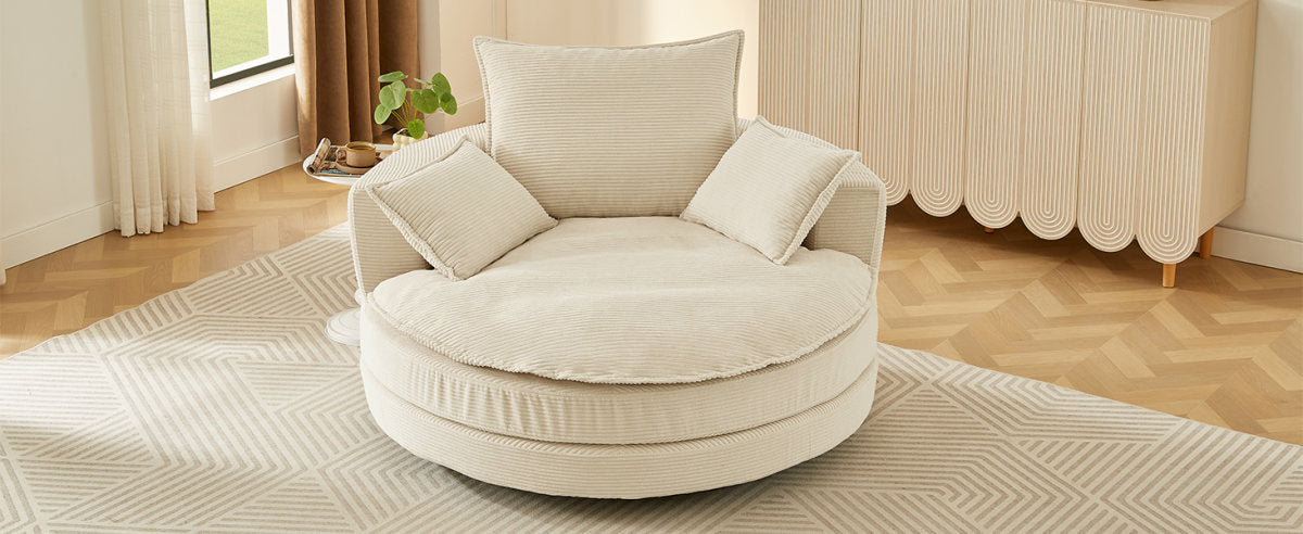 360° Swivel Sofa Chair Accent Barrel Chair 57.5"  Swivel Round Chair with Dual-layer Cushion Design and 3 Removable Pillows for Living Room, Bedroom, Office and Hotel, Beige