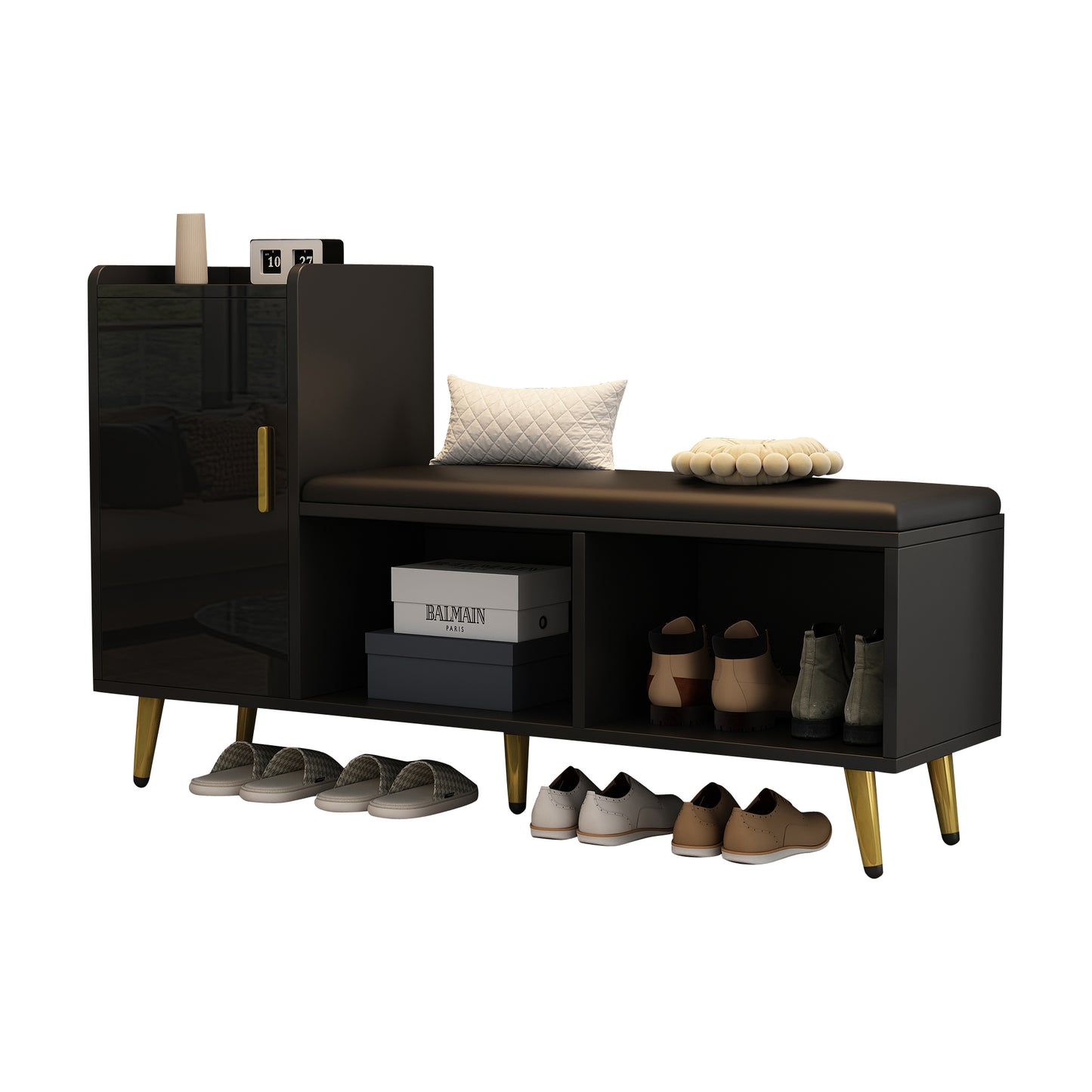 N625P235824B  Black High-gloss Cabinet Door With Storage Entrance Shoe Cabinet, Multi-level Shelf With Upholstered Seat, Shoe Changing Bench With Cabinet Gold Accessories For Entrance, Hallway, Bedr