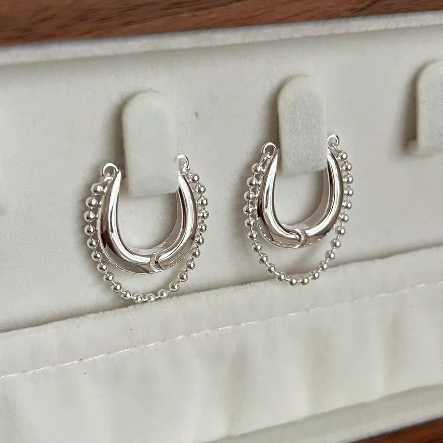 1 Pair 999 Sterling Silver Beaded Chain Hoop Earrings, Minimalist Style, Perfect For Daily Wear And Valentine's Gift