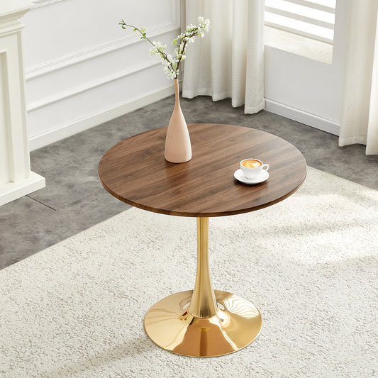 Round Dining Table, 31.5in Circle Tulip Table With Thickened Tabletop & Metal Pedestal, Mid Century Modern Bistro Table For Kitchen, Small Places, Living Room, Cafe  Faux Walnut