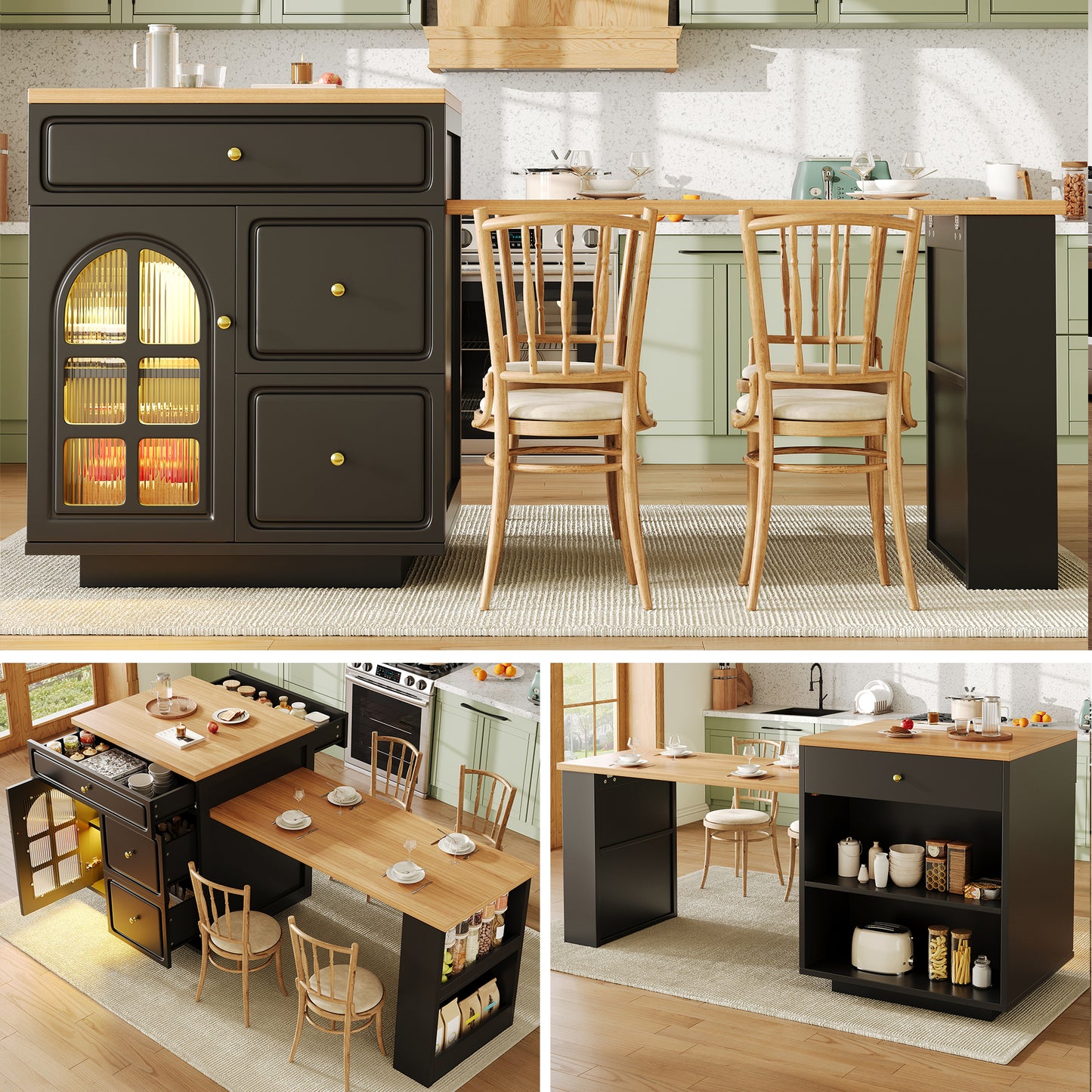 Extendable Bar Table With Storage  122.5-195.5x70x93.5cm , With Four Drawers And Curved Glass Door, Kitchen Island With Extendable Table, LED Color Light, For 2-6 People, Kitchen Dining Cart With Side