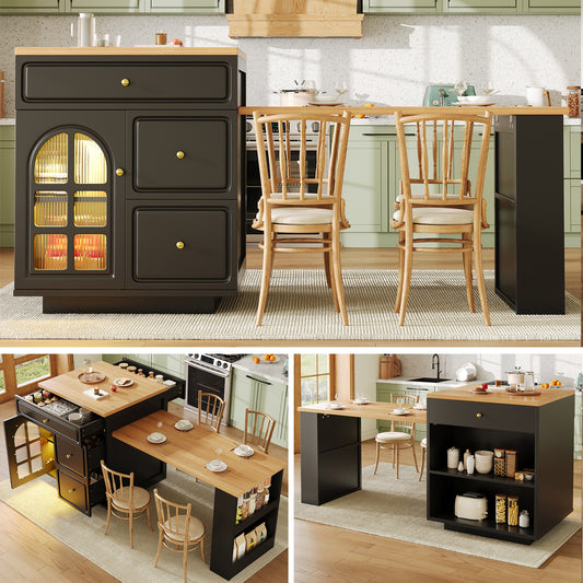 Extendable Bar Table With Storage  122.5-195.5x70x93.5cm , With Four Drawers And Curved Glass Door, Kitchen Island With Extendable Table, LED Color Light, For 2-6 People, Kitchen Dining Cart With Side