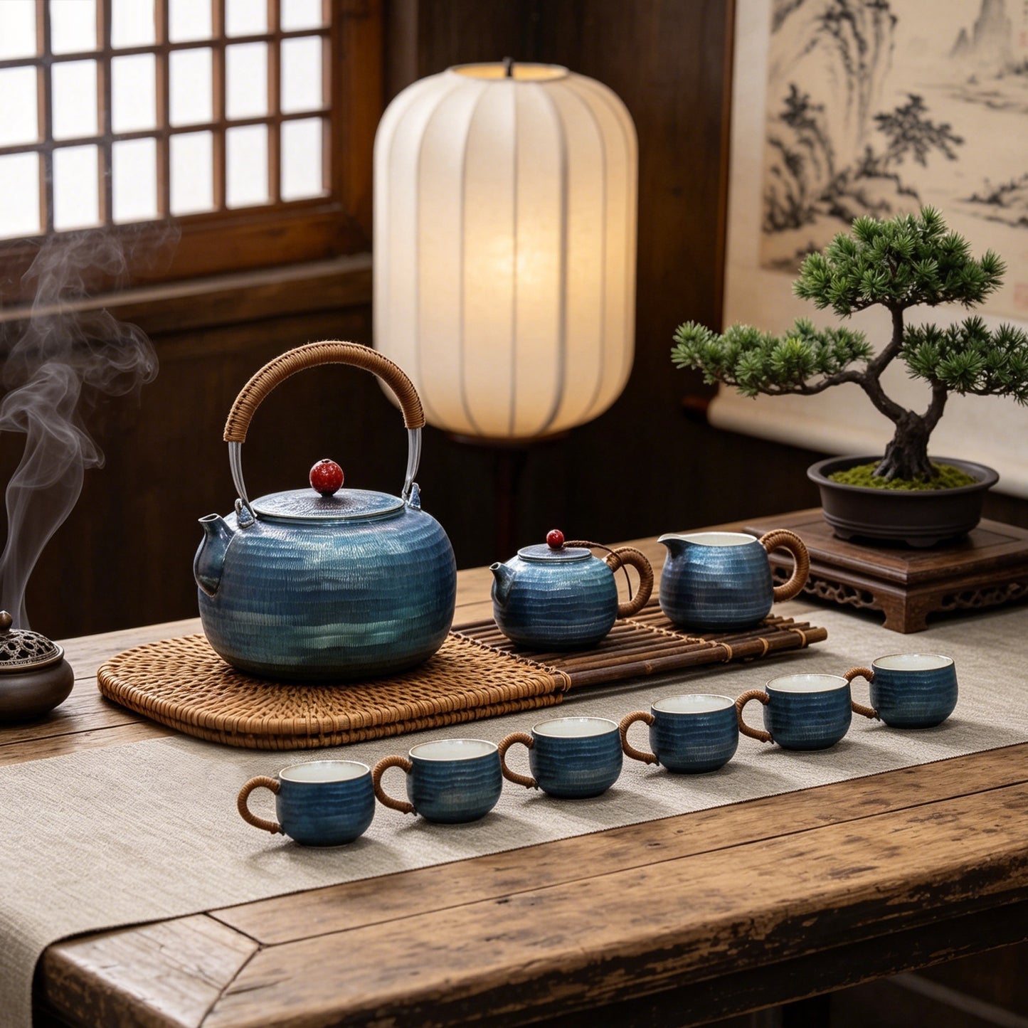 925 Sterling Silver Handcrafted Blue Ceramic Tea Set with Traditional Design and Bamboo Accents - Handicraft