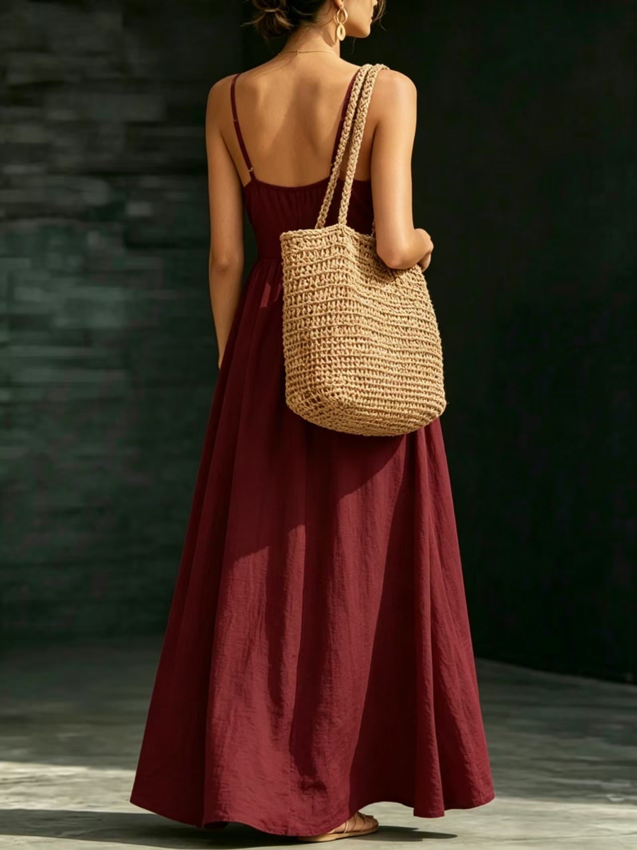 Summer V-Neck Spaghetti Strap Maxi Dress With Pockets - Elegant Vacation & Office Wear For Women
