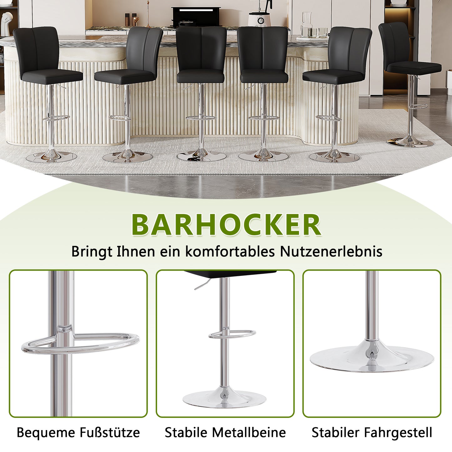 Height-adjustable Bar Stool In A Set Of 2, Can Be Rotated 360 . Luxurious Bar Stool In Black And Silver Design Made Of Water-repellent PU Leather, Suitable For Kitchen Islands. Various Colors Availabl