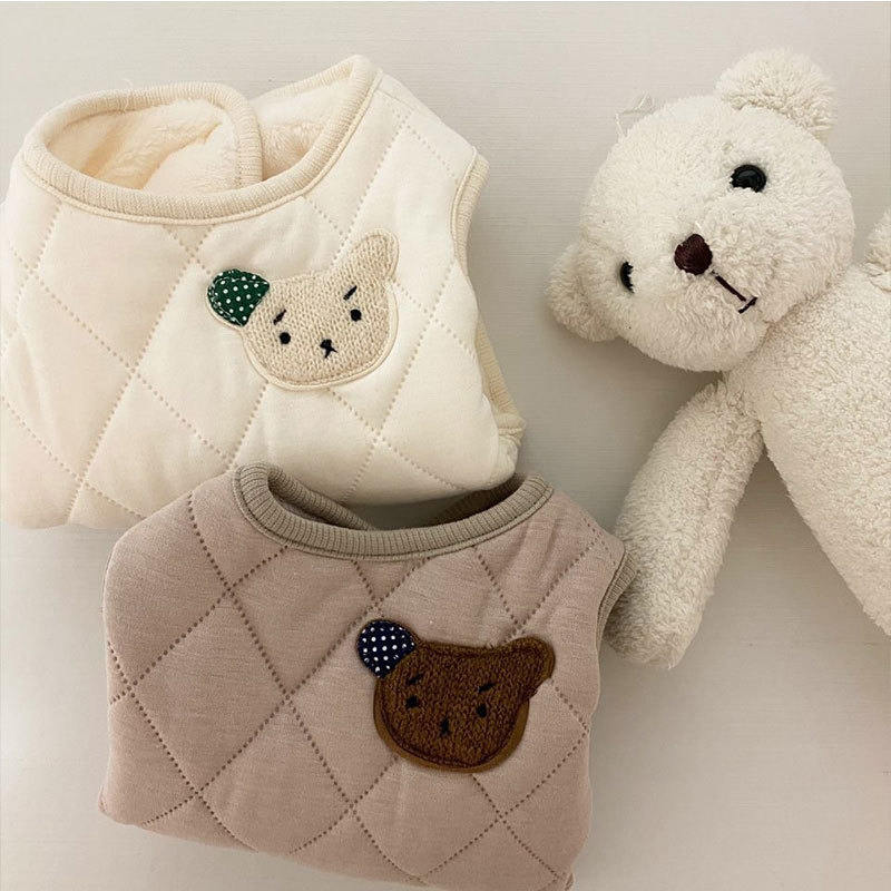 Cute Bear Patch Quilted Pet Vest, Warm Padded Dog Gilet For Small Dogs With Retro Style