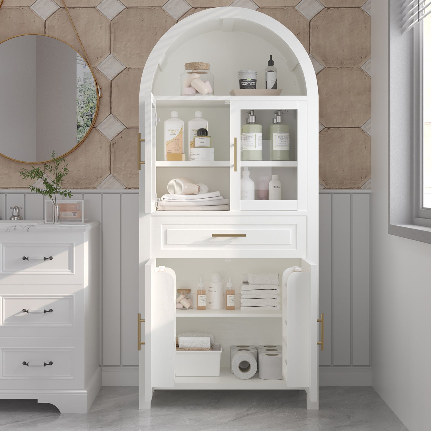 71  Tall Arched Kitchen Pantry Cabinet With Glass Door, Farmhouse Storage Pantry Cabinet With Adjustable Shelves & Barn Door Design For Kitchen, Living & Dining Room, White