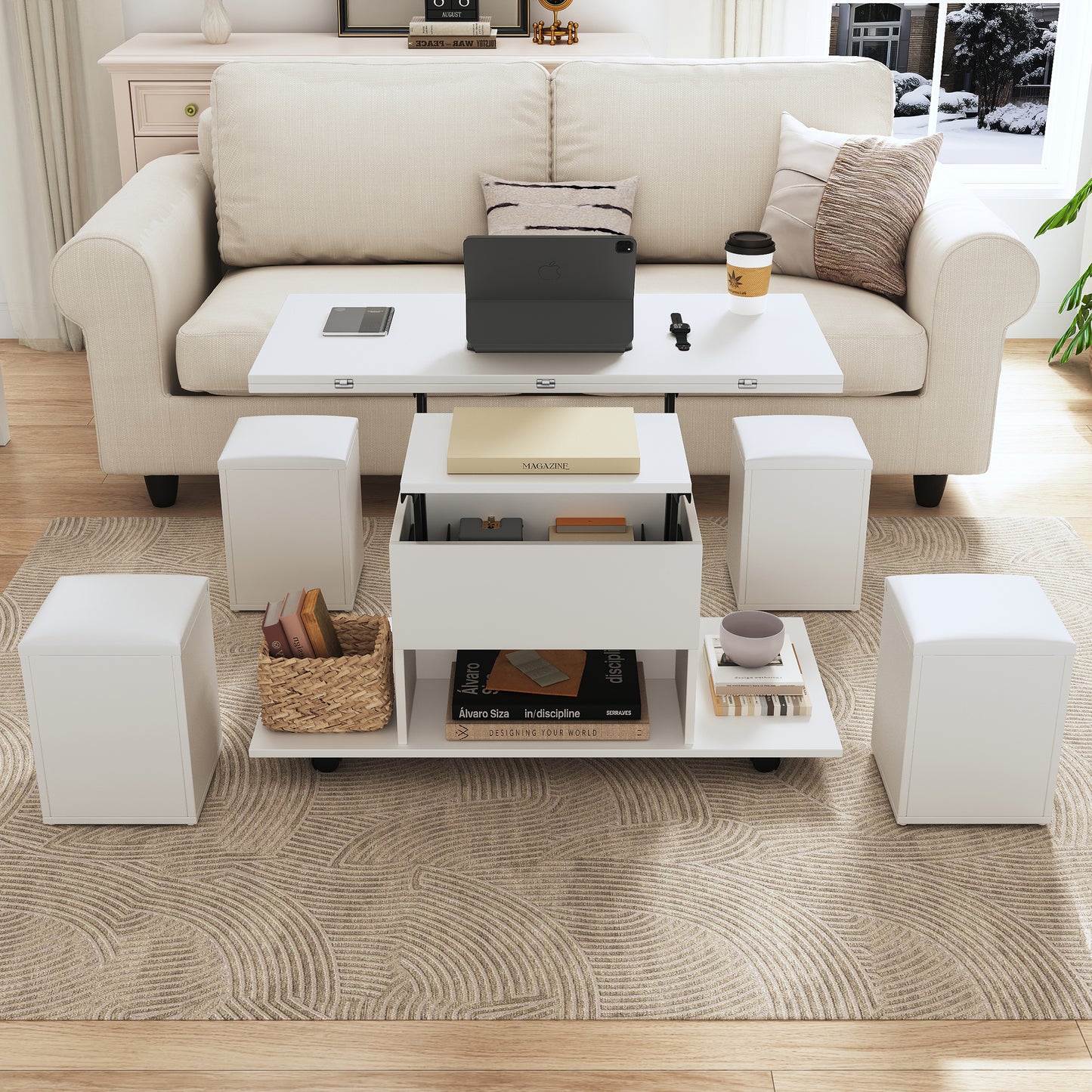 Product Change Liftable Multifunctional Coffee Table  The Desktop Can Open 2 Tables, White  White, Large Capacity, Modern Living Room Furniture, Office, Dining Table, Leisure Table, Multifunctional