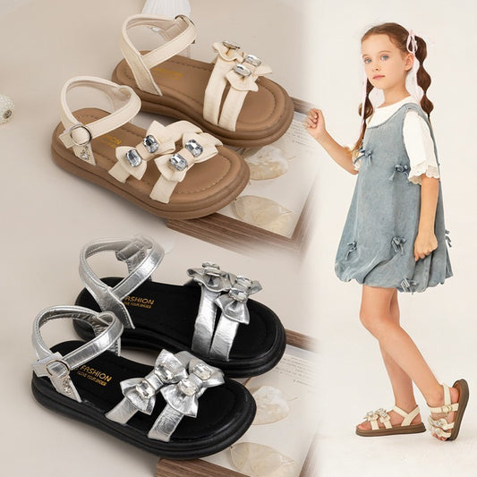 2026 Summer New Ins Fashion Girls Open-Toe Beach Sandals, Bow Decor Cool Princess Style Kids Sandals