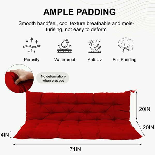 Outdoor Swing Cushions 70 Inch, Waterproof 4inch Thick Porch Swing Cushion Replacement With Backrest And Ties, Comfortable 2-3 Seat Pation Swing Pad For Backyard, Garden, Lawn, Outdoor Furniture Red