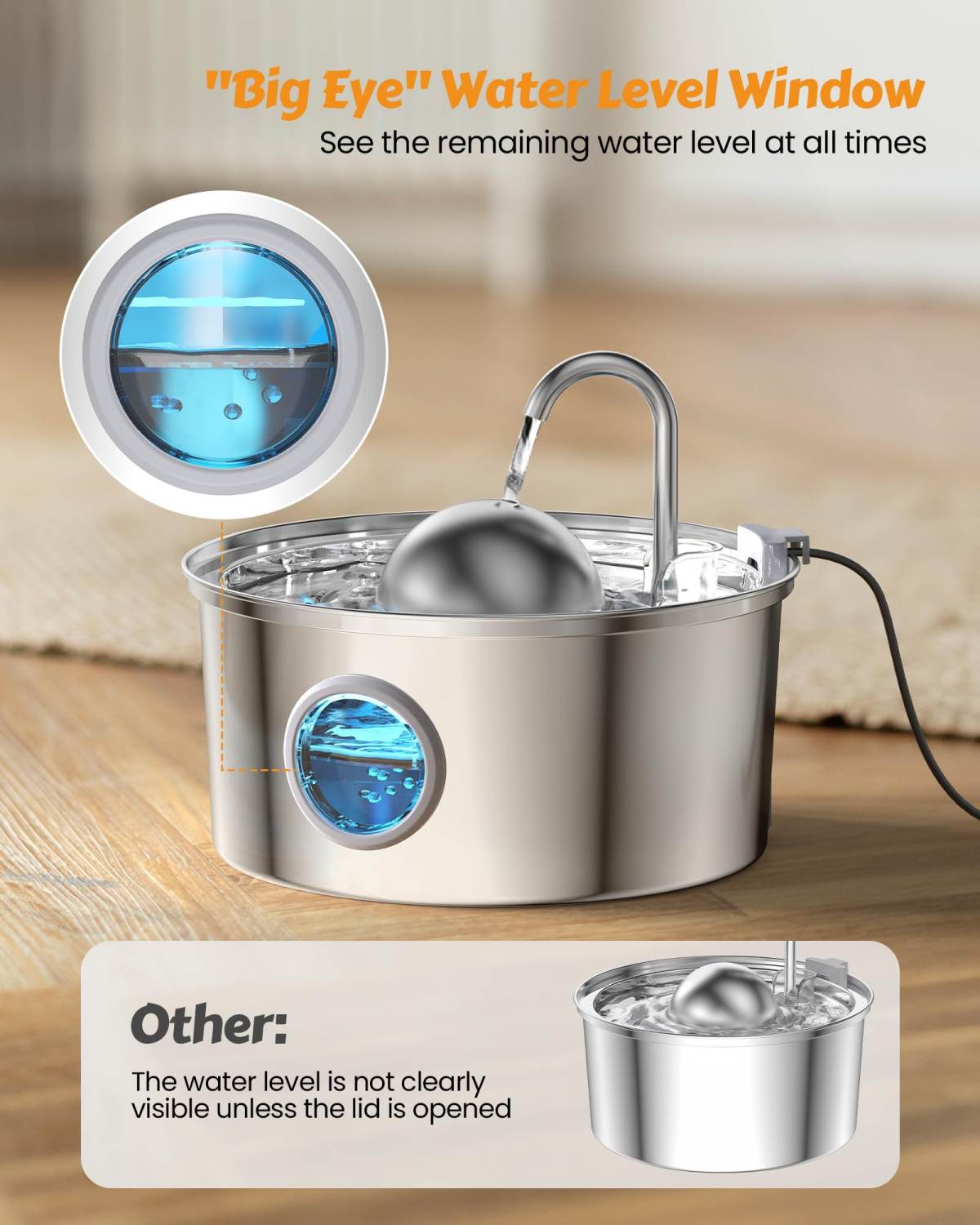 At Water Fountain Stainless Steel, 108oz 3.2L Cat Fountain, Pet Water Fountain With Water Level Window, Hemispherical Shape, Multi-Filter, Silent Pump, Water Tap, Provides Flowing Water