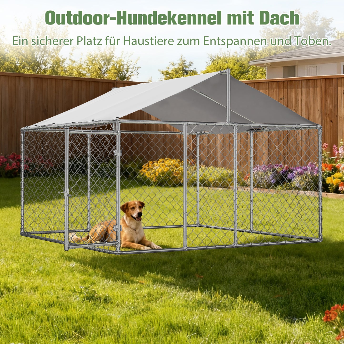 Outdoor Dog Kennel 230x230x117 Cm With Roof - Heavy Duty Identification Screen Made Of Galvanized Steel Tube With Lockable Safety Door - UV-Resistant & Waterproof Cover For Garden