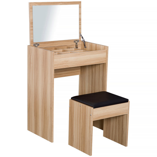 Dressing Table With Mirror And Stool, Vanity Makeup Table With Flip Up Mirror, Vanity Desk With Storage Unit And Padded Seat, Wood