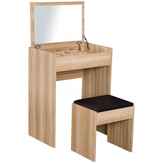 Dressing Table With Mirror And Stool, Vanity Makeup Table With Flip Up Mirror, Vanity Desk With Storage Unit And Padded Seat, Wood
