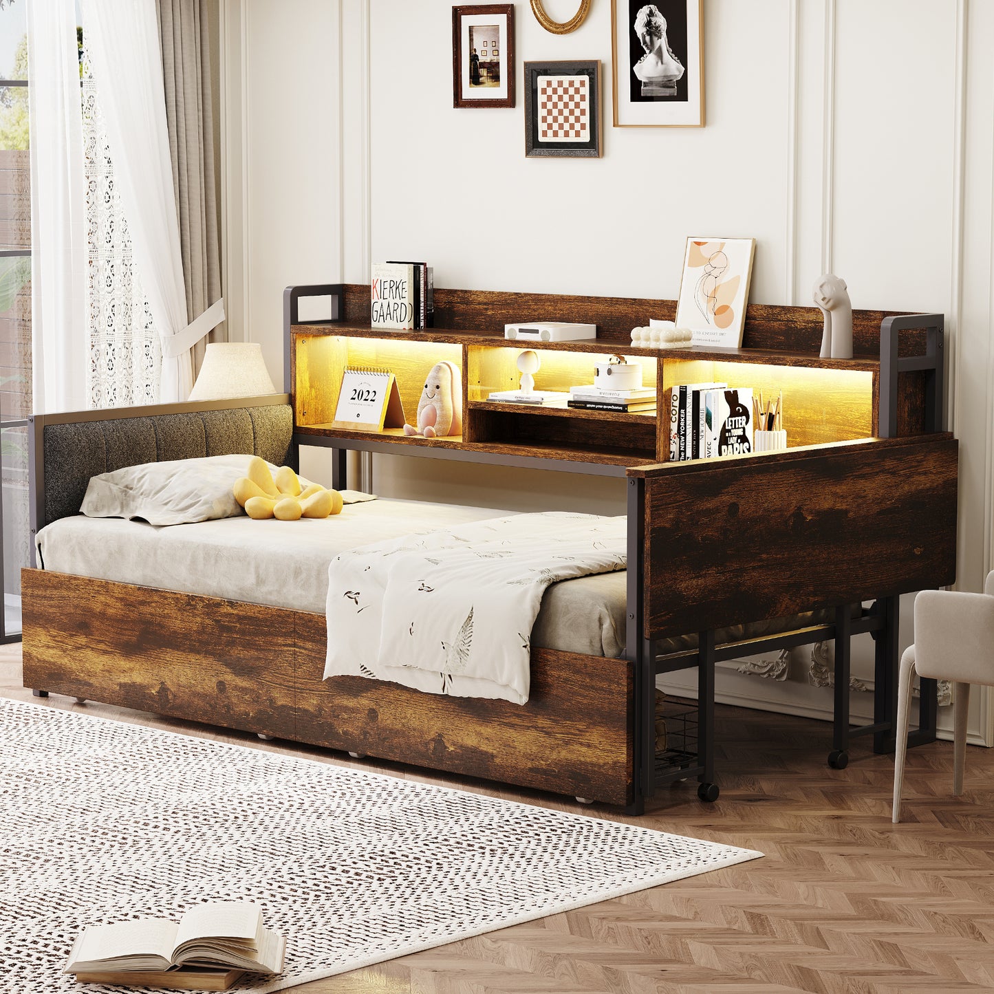 Iron Sofa Bed 90 X 200 Cm, With LED Lighting And Storage Space, With Drawers And Multifunctional Socket, Fold-out Desk, Soft Backrest, Single Bed, Wood Colour