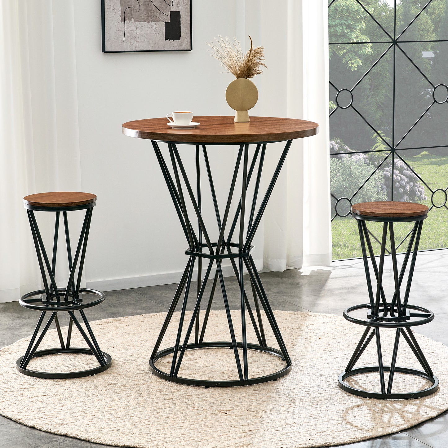 Single Package Bar, Table, Chair Set.31.5-inch Walnut Wood Grain MDF Tabletop With Black Metal Frame, Industrial Style Bar Counter Combination,suitable For Kitchen Island Countertops,seating 2 People.