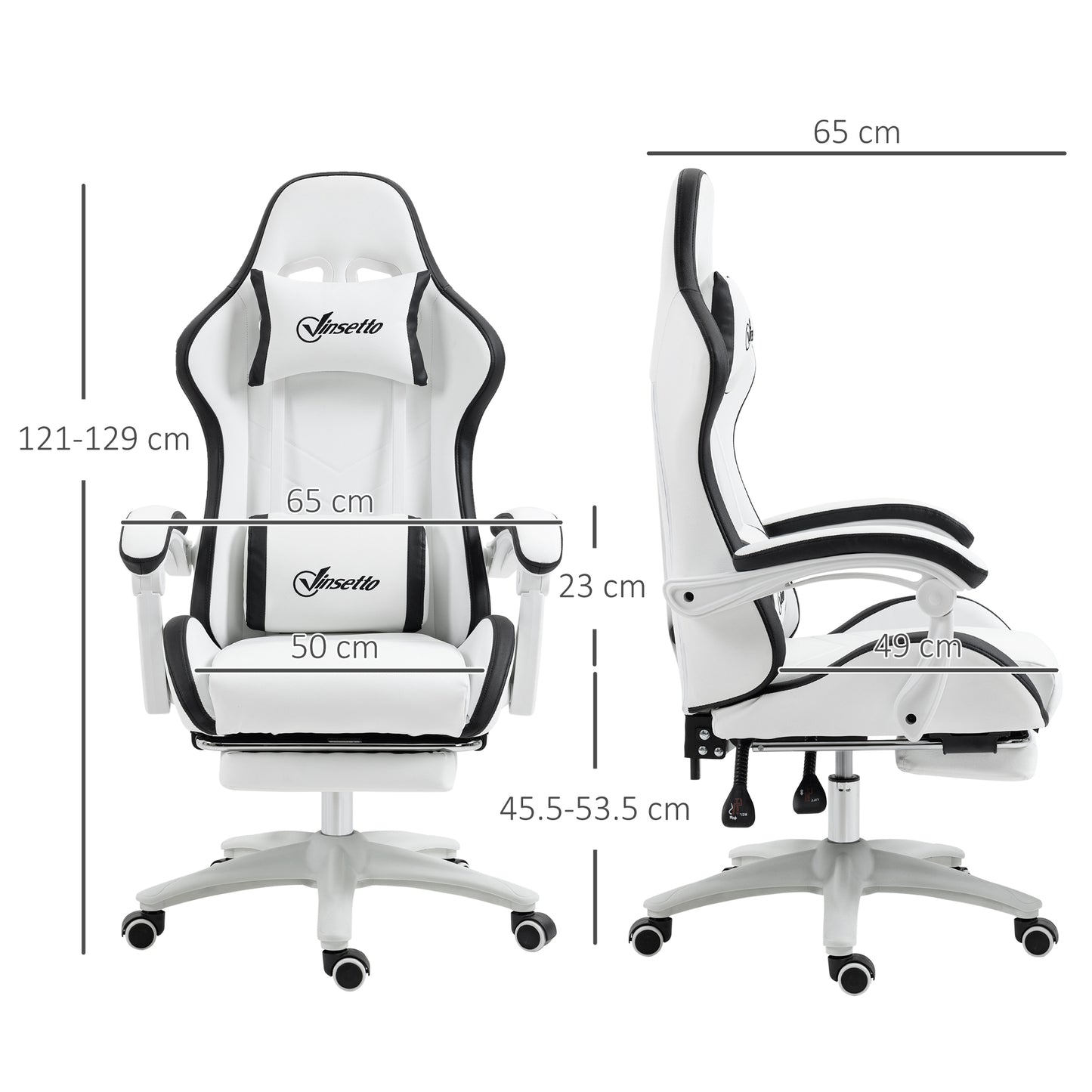 Vinsetto Computer Gaming Chair, PU Leather Office Desk Chair With Footrest, Swivel Wheels, 135° Reclining Back, Lumbar Support, Headrest For Home, White And Black