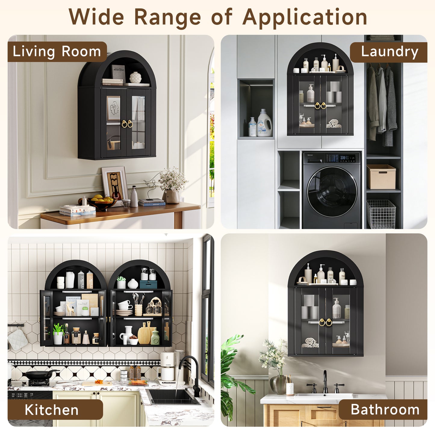 Wall Mounted Arched Cabinet With Glass Doors, Light And Adjustable Shelves For Laundry Room, Bathroom, Kitchen